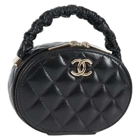 CHANEL Matelasse Pouch Lamb Skin Black Gold CC Auth 132970M - Picture 1 of 16